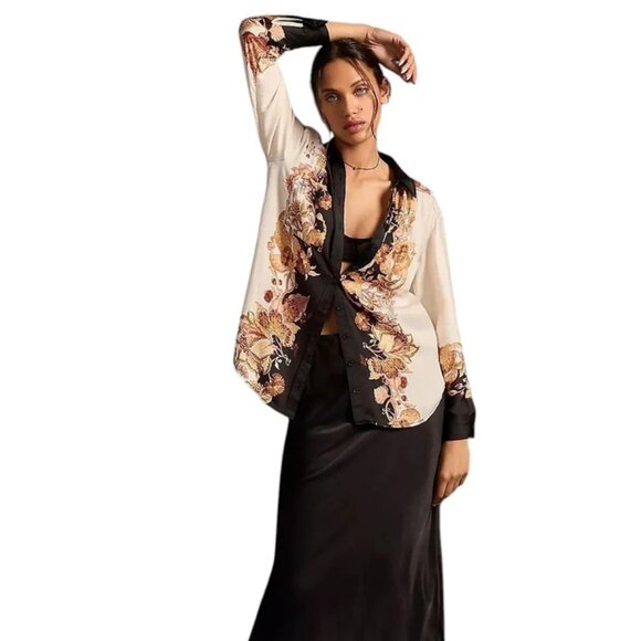 BY ANTHROPOLOGIE Sz S The Bielle Satin Floral Relaxed Button-down‎ Shirt Blouse - Picture 3 of 15
